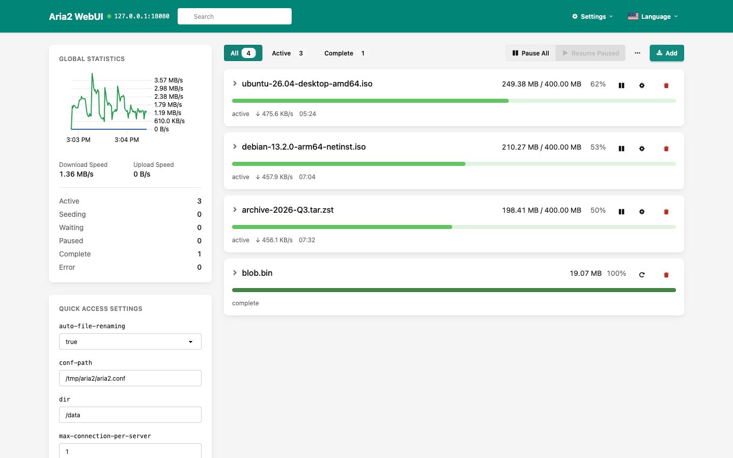 aria2-ui showing four downloads with progress bars, next to a download speed chart and quick settings.