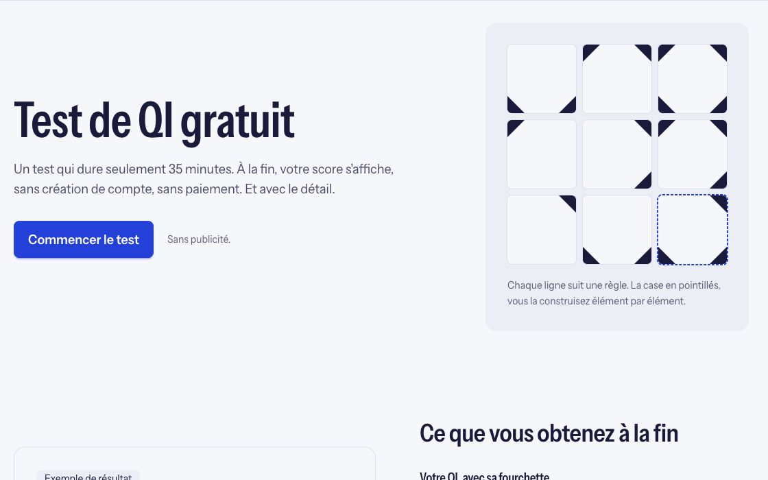 QI ouvert home page, “Test de QI gratuit”, next to a 3 by 3 matrix puzzle whose last cell is left to build.